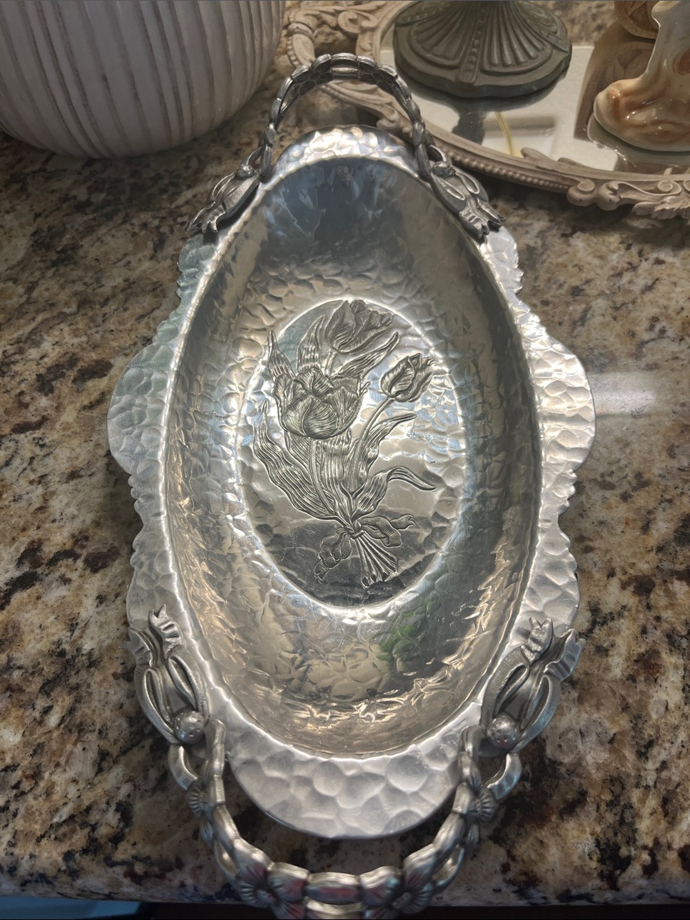 Vintage Hammered Floral Aluminum Metal Serving Bowl